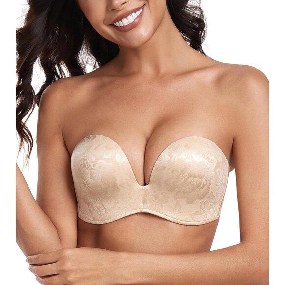 Women's Floral Beige Straples Bra Push Up Anti-slip Support Lift Up Wirefree Bra - Picture 2 of 7